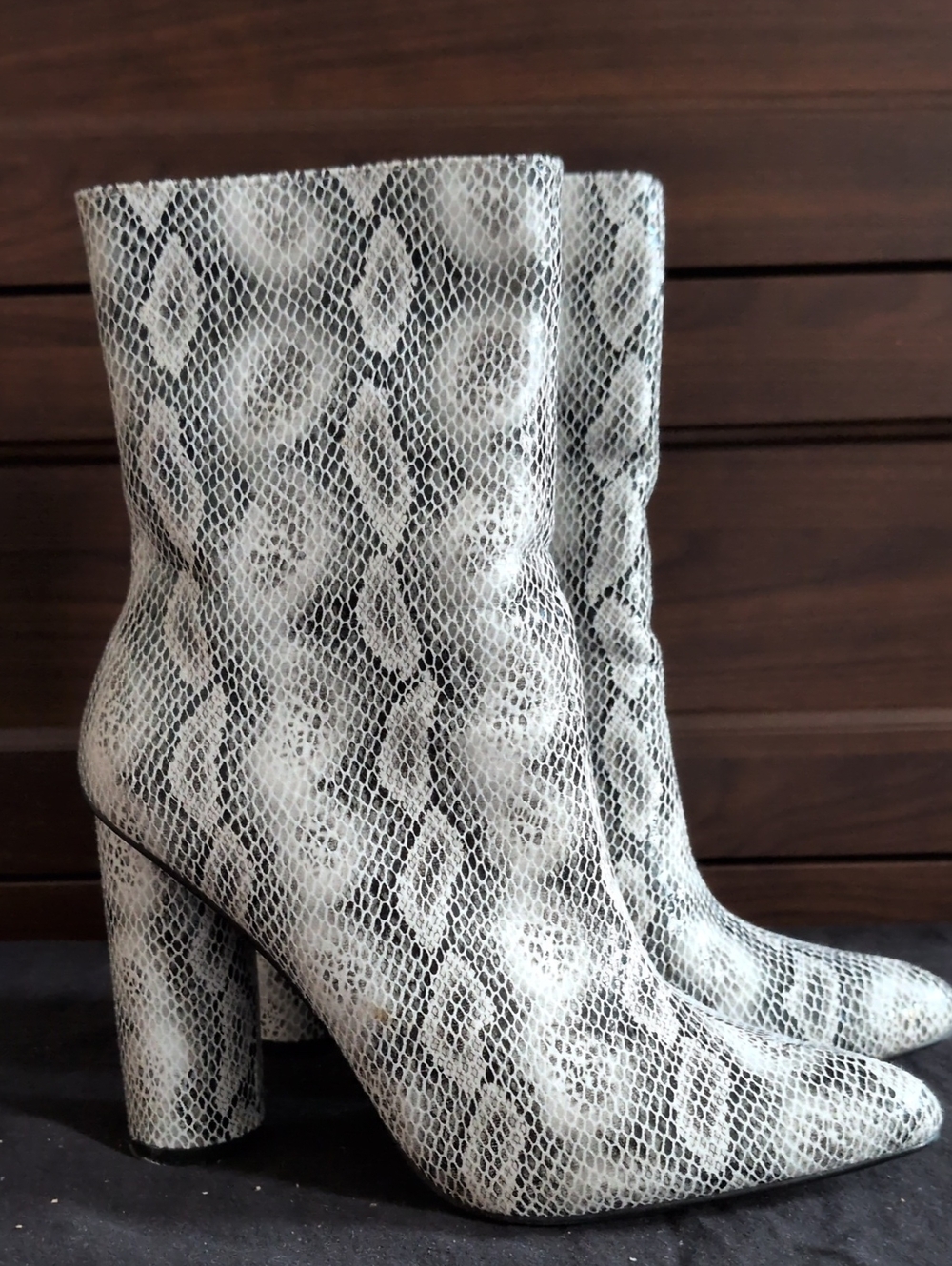 Scoop Snakeskin Print Pointed Toe Block Heel Ankle Boots White & Black